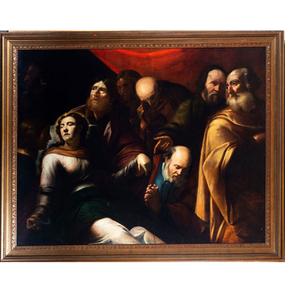 &quot;La Muerte de María&quot;, escuela Caravaggista italiana del siglo XVII, Roma o Nápoles.
