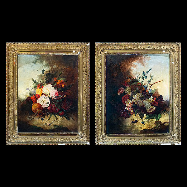 Escuela Neerlandesa del siglo XVIII - Pareja de Bodegones.    Óleo sobre lienzo.