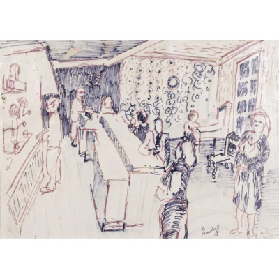 Carles Nadal Ferreres. Interior de bar.  Dibujo a roturladores sobre papel. Firmado 
