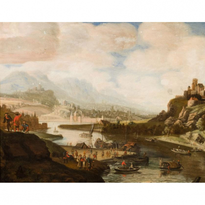 WILLAERTS, ADAM (1577 - 1664)   &quot;Marina con paisaje holandés&quot;. Óleo sobre lienzo. 