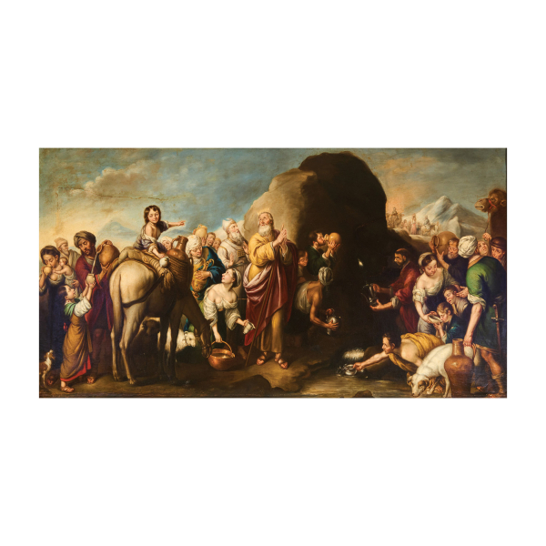 Escuela española, fles. del s.XVIII.  Moisés golpeando la roca de Horeb.  Óleo sobre tela.