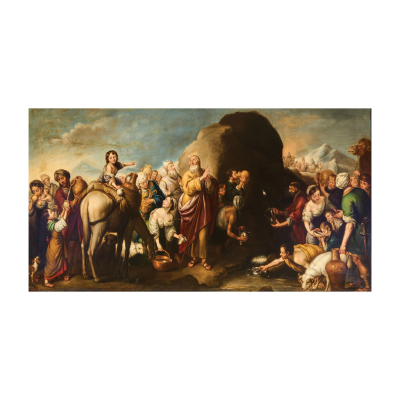 Escuela española, fles. del s.XVIII.  Moisés golpeando la roca de Horeb.  Óleo sobre tela.