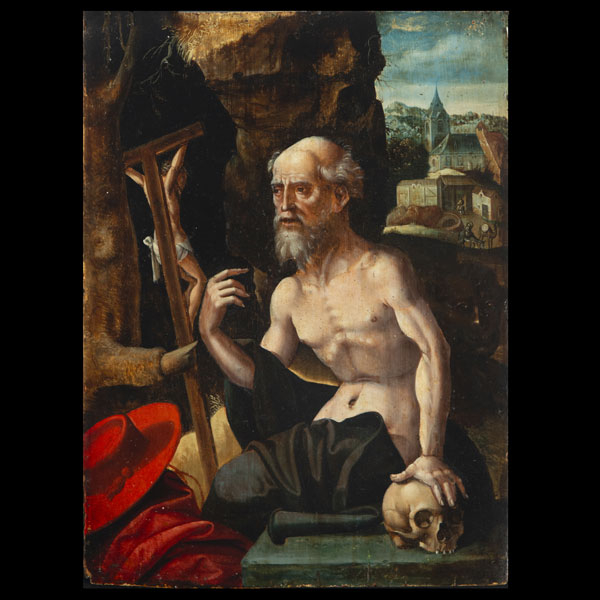 Muy Importante San Jerónimo Penitente sobre tabla - Manera de Joos Van Cleeve (Cléveris, c. 1485 - Amberes, 1540 o 1541), escuela flamenca del siglo XVI.