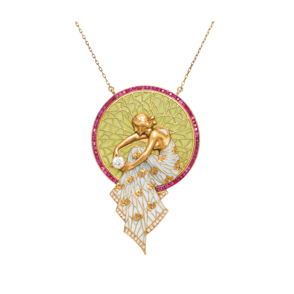 Gargantilla estilo Art Nouveau en oro, esmalte, diamantes tallas brillante antigua y rosa 3/3 con representación de ninfa.