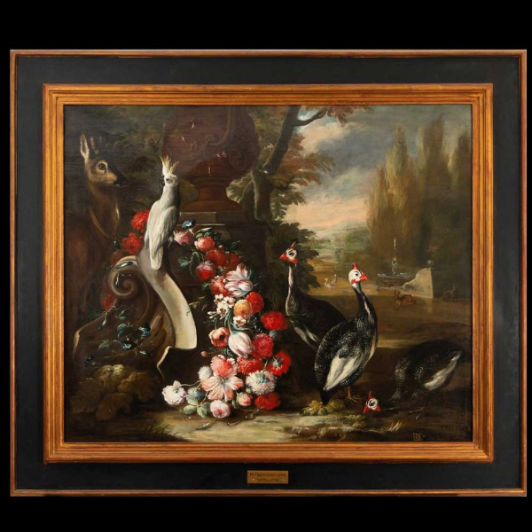 Bodegones con Flores y Aves en un Jardín, escuela Napolitana del siglo XVIII, círculo de Baldassare da Baldassarre De Caro 