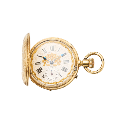 Reloj de bolsillo con cadena en oro 18K, fles. del s.XIX. Esfera blanca con aplicaciones florales doradas.  