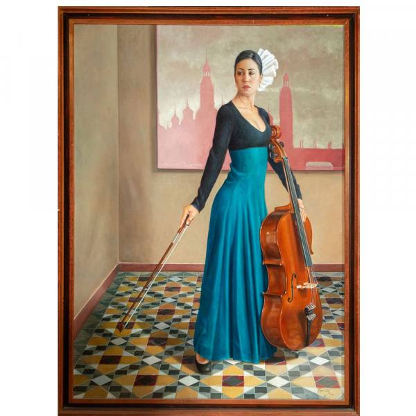"Mujer con instrumento musical" Juan Carlos Espina Ortiz (Espa&ntilde;a, siglo XX-XXI).   &Oacute;leo sobre lienzo.