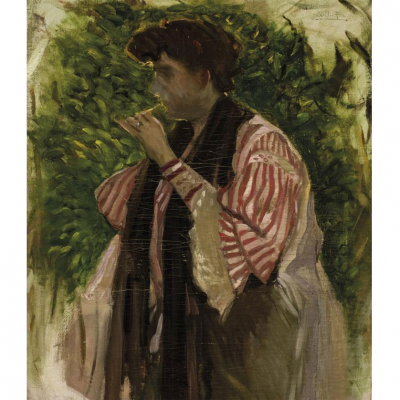 Cecilio Pla y Gallardo. "Joven en el jard&iacute;n". &Oacute;leo sobre lienzo. Firmado en el &aacute;ngulo superior derecho.