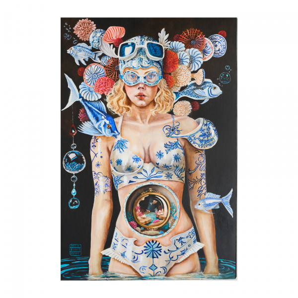 Ana Hernández San Pedro (Cáceres, España, 1971) Dreaming pool. Óleo sobre tabla. Firmado y fechado en 2023.