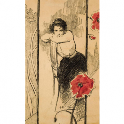 Julio Romero de Torres.   &quot;Muchacha con amapolas (1902)&quot;. Carboncillo y acuarela sobre papel. Firmada en el centro inferior.