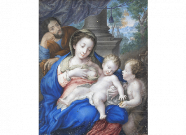 FRANCISCO ANTONIO MELÉNDEZ (Oviedo, 1682-Madrid, 1758)  Sagrada Familia con San Juanito sobre un paisaje 