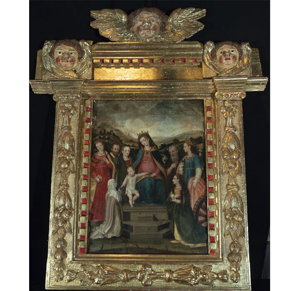 Gran tabla Tardo - Gótica Portuguesa con Virgen entregando Rosario a Santa Catalina. Finales siglo XV - principios siglo XVI. 