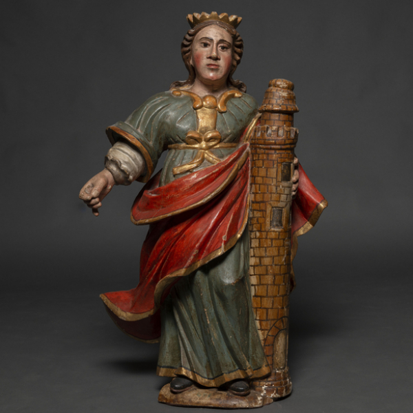 "Santa Barbara" Escultura en madera tallada y policromada del siglo XVII-XVIII