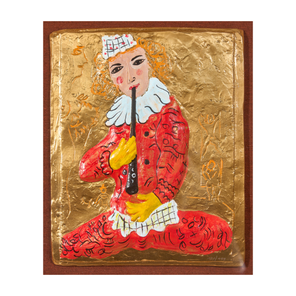 Según Marc Chagall. Clown Flautista.  Reproducción en plafón escultórico con acabado en plata y oro. 