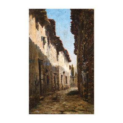 Modest Urgell Inglada (Barcelona, 1839-1919) Calle rural. Óleo sobre tela adherida a tabla.