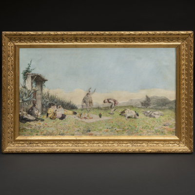 &quot;Merienda en el campo&quot;  GERMAN ALVAREZ ALGECIRAS (Jerez de la Frontera, 1848-1912)   Técnica: Acuarela/papel