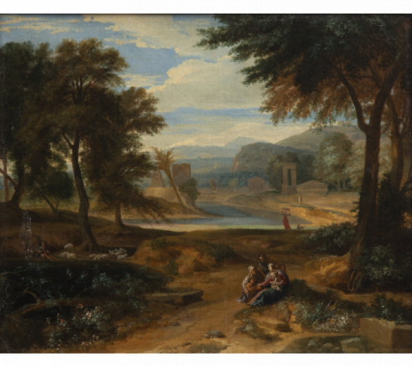 JEAN-FRANÇOIS I MILLET (Amberes,1642- París,1679) Paisaje con la Sagrada Familia en su descanso a Egipto
