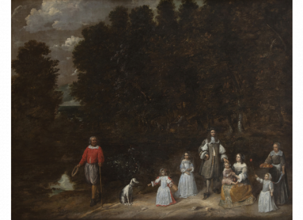 ATRIBUIDO A GONZALO COQUES (Amberes, 1614/1618-1684) Monsieur de Fermenery y familia sobre un paisaje