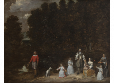 ATRIBUIDO A GONZALO COQUES (Amberes, 1614/1618-1684) Monsieur de Fermenery y familia sobre un paisaje