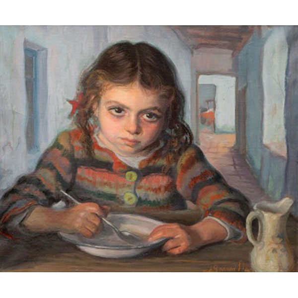 ÁNGEL GARAVILLA ACHABAL (Lequeitio 1906 - Barcelona 1961) "Niña en la cocina" Firmado: A. Garavilla Óleo / Lienzo