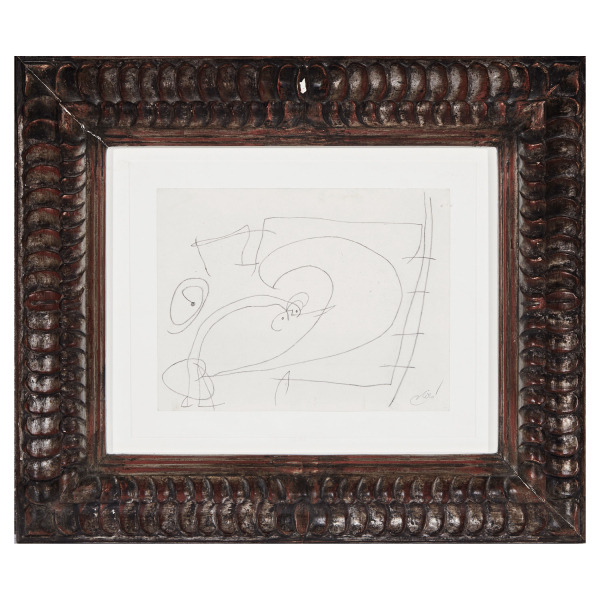 Joan Miró i Ferrà (Barcelona, 1893-Palma de Mallorca, 1983) Femme et oiseau davant la lune. Échelle de l’évasion. Dibujo a lápiz grafito sobre papel.