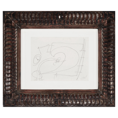 Joan Miró i Ferrà (Barcelona, 1893-Palma de Mallorca, 1983) Femme et oiseau davant la lune. Échelle de l’évasion. Dibujo a lápiz grafito sobre papel.