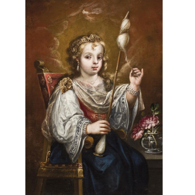 Escuela Sevillana SS. XVII-XVIII. "Virgen hilando / Ni&ntilde;a hilandera". &Oacute;leo sobre lienzo.