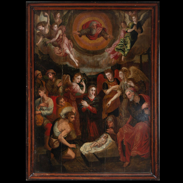 "La Adoraci&oacute;n de Pastores" Escuela Hispano-flamenca del siglo XVI o XVII.   &Oacute;leo sobre tabla,