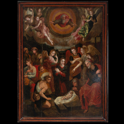 "La Adoraci&oacute;n de Pastores" Escuela Hispano-flamenca del siglo XVI o XVII.   &Oacute;leo sobre tabla,