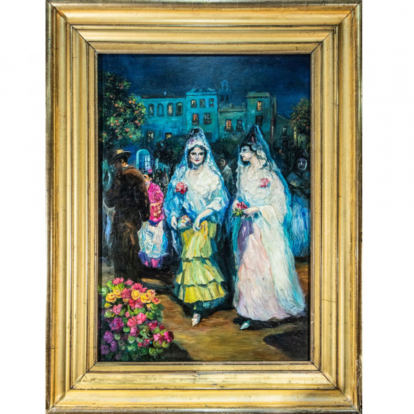 Gustavo Bacarisas (Gibraltar,1873-1971)​​ "La Feria de Abril". &Oacute;leo sobre lienzo.