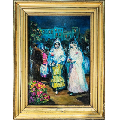 Gustavo Bacarisas (Gibraltar,1873-1971)​​ "La Feria de Abril". &Oacute;leo sobre lienzo.