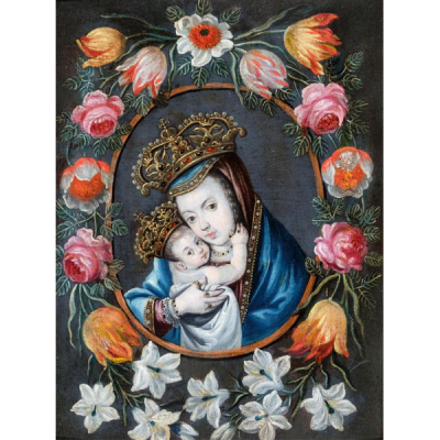 Escuela Española S. XVII.  &quot;Virgen con Niño&quot;. Óleo sobre tabla.