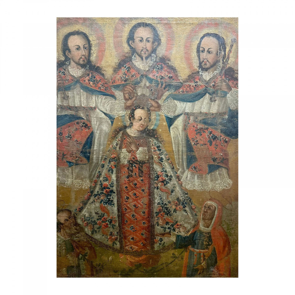 Escuela cuzque&ntilde;a, s.XVIII.  La Coronaci&oacute;n de la Virgen por la Sant&iacute;sima Trinidad ante San Joaqu&iacute;n y Santa Ana.  &Oacute;leo sobre tela. 