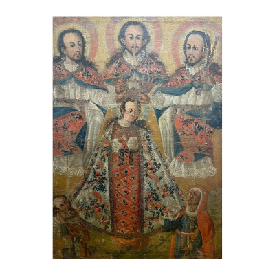 Escuela cuzqueña, s.XVIII.  La Coronación de la Virgen por la Santísima Trinidad ante San Joaquín y Santa Ana.  Óleo sobre tela. 