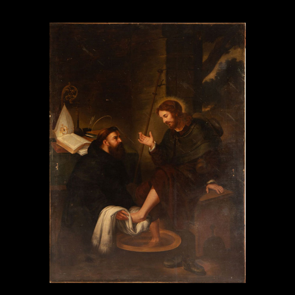 "San Agustín lavando los pies a Jesucristo" escuela italiana del siglo XVII - XVIII.    Óleo sobre lienzo 