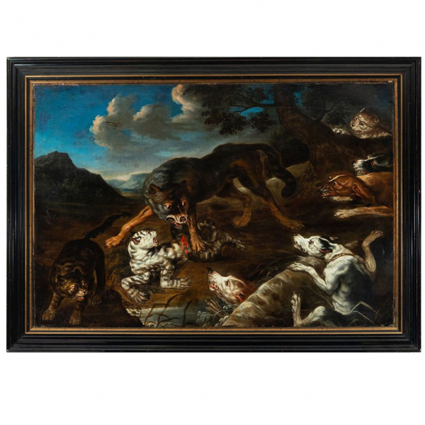 "Escena de Caza" Escuela Flamenca de Paul de Vos del siglo XVII.   Óleo sobre lienzo