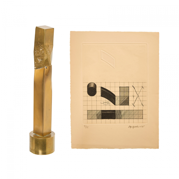 Sergi Aguilar (Barcelona, 1946)  Sin título.  Escultura en bronce y grabado al aguafuerte. 