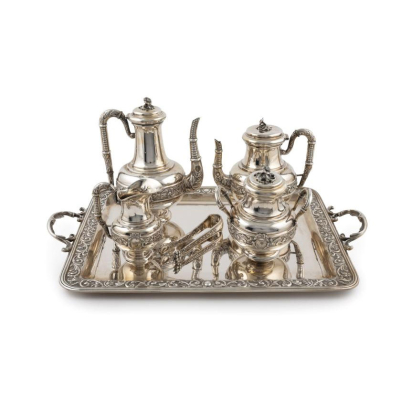 Juego de caf&eacute; y t&eacute; en plata espa&ntilde;ola punzonada Ley 916, Espu&ntilde;es 1895.  