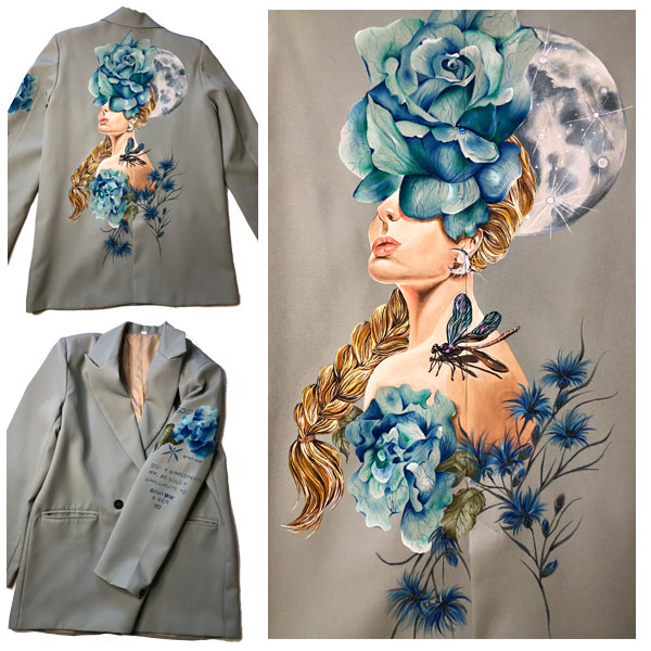 SOLO YOY. &quot;Ella y su animal de poder&quot;. 2025.  Arte textil exclusivo pintado a mano sobre un blazer.