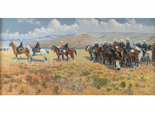 MARIANO BERTUCHI (Granada, 1885-Tetu&aacute;n, 1955)  Escena militar.   &Oacute;leo sobre lienzo. 