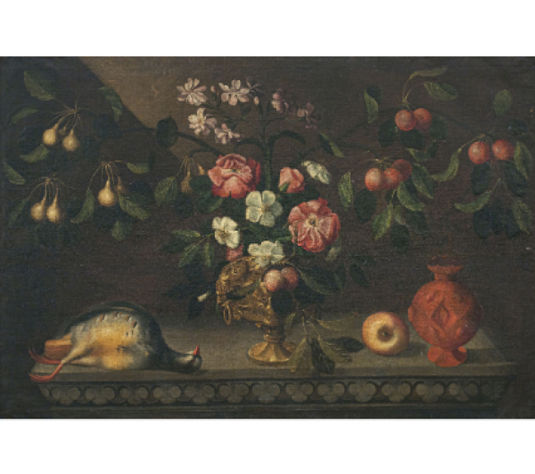 BERNARDO POLO (pintor activo en Zaragoza en el tercer cuarto del siglo XVII)  Bodegón con jarrón de flores y frutas, perdiz y búcaro sobre un pedestal de piedra   Óleo sobre lienzo.