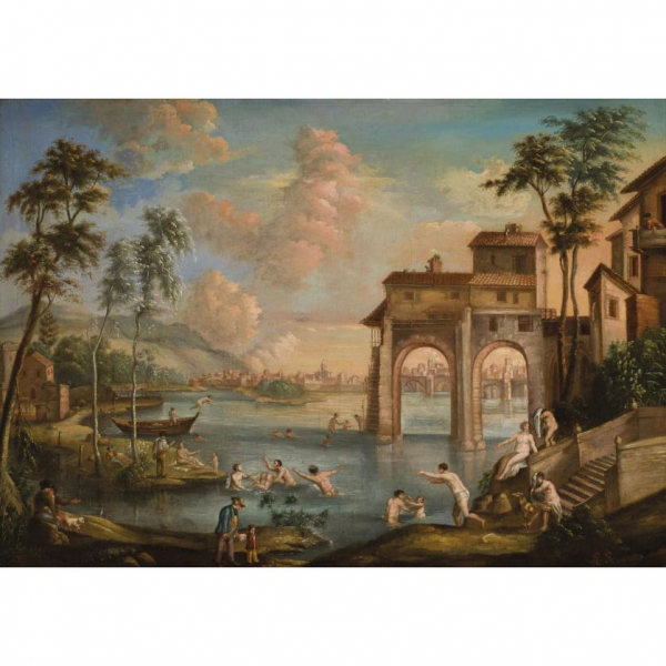 Rafael Benjumea.   "Bañistas en el Guadalquivir (1813)". Óleo sobre lienzo.