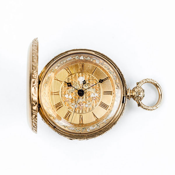 Excelente reloj saboneta de bolsillo, suizo, N&ordm; 343, fabricado para el detallista de M&aacute;laga CARLOS PAUR, en oro amarillo 18 K, Escape DUPLEX, 8 rub&iacute;es.