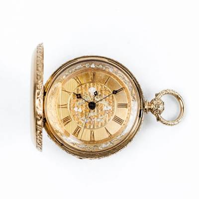 Excelente reloj saboneta de bolsillo, suizo, N&ordm; 343, fabricado para el detallista de M&aacute;laga CARLOS PAUR, en oro amarillo 18 K, Escape DUPLEX, 8 rub&iacute;es.