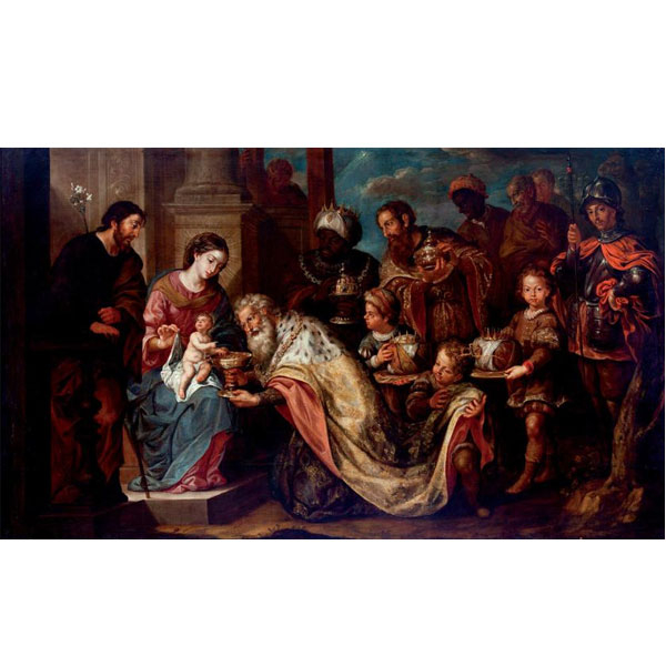 José Risueño  (1667 - 1721).  "Adoración de los Reyes". Óleo sobre lienzo. 