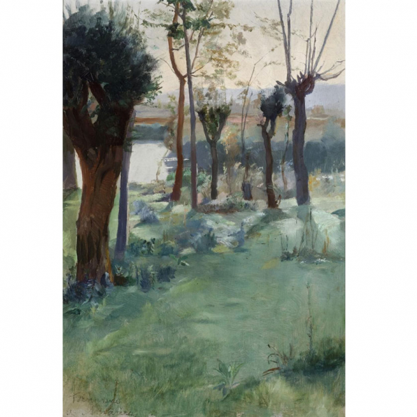 Fernando de Amárica y Medina.   "Orillas de un bosque en el Zadorra (1926)". Óleo sobre tabla. Firmado