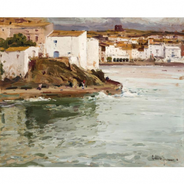 Eliseo Meifrén. "Vista de Cadaqués". Óleo sobre tabla. Firmado en el ángulo inferior derecho. Al dorso etiqueta de Barrachina & Ramoneda.