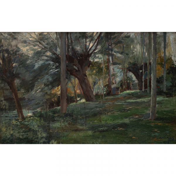 "Orillas del Zadorra" (Otoño).  FERNANDO DE AMÁRICA (Vitoria, 1866-1956) Óleo/Tabla