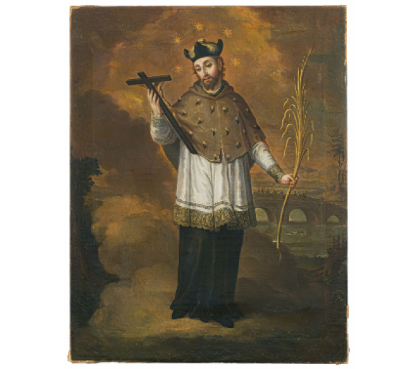 JOSÉ CAMPECHE JORDÁN (San Juan, 1751-1809)  San Juan de Nepomuceno sobre un paisaje.   Óleo sobre lienzo. 