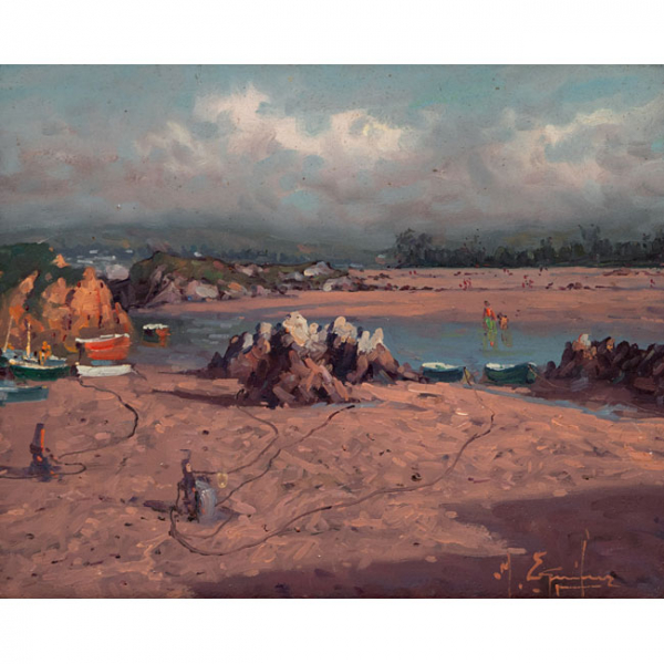 MIGUEL EGUILUZ ANCHIA   (Amorebieta, Vizcaya 1934)  "Playa con personajes. Cantabria."   